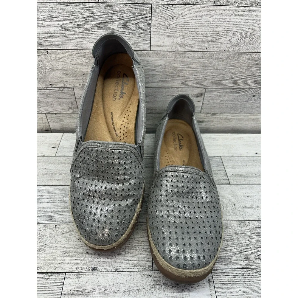Women's Clarks Elaina Ruby Slip-On Leather Espadrille Shoes Silver Pewter Sz 6.5